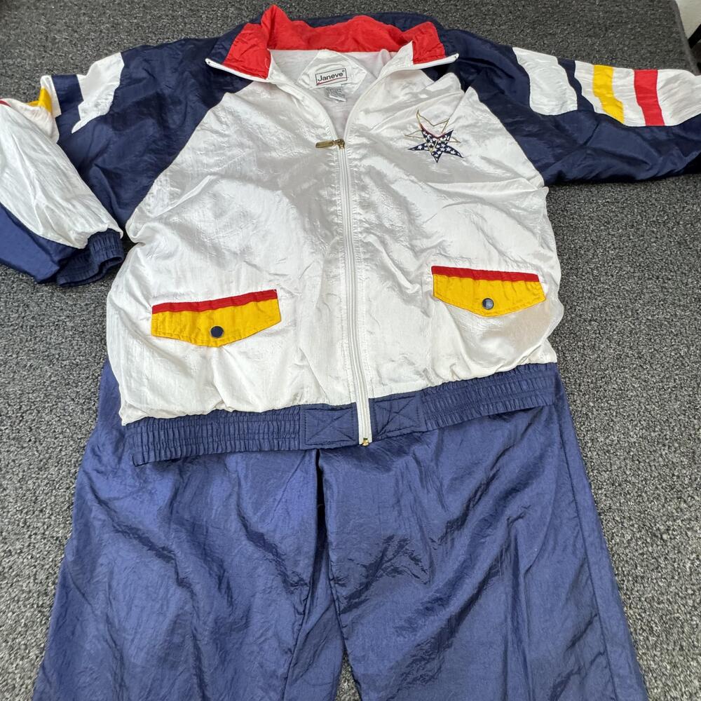 VTG Janeve Tracksuit Mens M Blue Colorblock Taffeta Jacket Pants 90s Embroidered